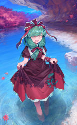 Rule 34 | 1girl, :d, bad id, bad pixiv id, barefoot, blush, bow, closed eyes, clothes lift, dress, dress lift, front ponytail, green hair, hair bow, highres, kagiyama hina, leaf, long hair, maple leaf, open mouth, outdoors, puffy short sleeves, puffy sleeves, red bow, red dress, river, shichigatsu, short sleeves, skirt hold, smile, solo, touhou, tree, wading, walking