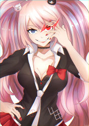 Rule 34 | 1girl, absurdres, bear hair ornament, black bra, black choker, black necktie, blue eyes, bow, bra, bra peek, breasts, choker, cleavage, collarbone, danganronpa: trigger happy havoc, danganronpa (series), enoshima junko, grin, hair ornament, hand on own hip, hand up, heterochromia, highres, huge filesize, lace, lace-trimmed bra, lace trim, large breasts, long hair, miniskirt, nail polish, necktie, red bow, red eyes, red nails, shirt, skirt, sleeves rolled up, smile, solo, twintails, underwear, upper body, very long hair, weiss 9610, white necktie