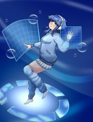 Rule 34 | 1girl, absurdres, air bubble, blue eyes, blue hair, blue jacket, blue theme, bubble, fabiolaarts, floating, frutiger aero, full body, hairband, headphones, highres, holographic interface, jacket, leg warmers, looking at viewer, miniskirt, original, pleated skirt, short hair, short hair with long locks, sidelocks, skirt, solo, track jacket, track suit, underwater