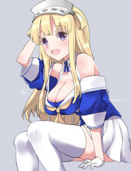 Rule 34 | 1girl, blonde hair, blue eyes, blue shirt, breasts, cleavage, double bun, fletcher (kancolle), fujii jun, gloves, hair bun, hair ornament, hairband, kantai collection, large breasts, long hair, looking at viewer, neckerchief, off shoulder, open mouth, pleated skirt, purple eyes, sailor collar, school uniform, serafuku, shirt, skirt, smile, star (symbol), star hair ornament, thighhighs, united states medal of honor, white gloves, white sailor collar, white skirt, white thighhighs, yellow neckerchief
