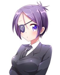 Rule 34 | 1girl, blush, breasts, chrome dokuro, eyepatch, formal, katekyo hitman reborn!, looking at viewer, momo tomato, necktie, open mouth, purple eyes, purple hair, short hair, simple background, solo, suit, white background