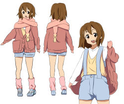 Rule 34 | 1girl, blue footwear, blue shorts, blush, brown eyes, brown hair, cardigan, commentary request, cowboy shot, derivative work, from behind, full body, gloves, hair between eyes, hair ornament, hairclip, hand up, hirasawa yui, jacket, k-on!, leg warmers, long sleeves, looking at viewer, medium hair, multiple views, open mouth, overalls, pink legwear, pink scarf, pointing, pointing to the side, red cardigan, red gloves, scarf, shirt, shoes, short shorts, shorts, simple background, smile, suspender shorts, suspenders, teeth, upper teeth only, vest, white background, white shirt, yellow vest, zerozerow3