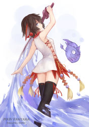Rule 34 | +) (liu997139467), 1girl, black hair, black thighhighs, blue eyes, dress, fish, hair ornament, highres, holding, holding sword, holding weapon, lace, lace-trimmed legwear, lace trim, pixiv fantasia, pixiv fantasia fallen kings, red ribbon, ribbon, short hair, solo, sword, thighhighs, weapon, white dress