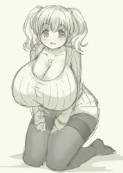 Rule 34 | 1girl, blush, breasts, cleavage, gigantic breasts, greyscale, jewelry, kneeling, legs, looking at viewer, monochrome, necklace, nitroplus, pantyhose, pas (paxiti), ribbed sweater, short twintails, solo, star necklace, super pochaco, sweater, thighband pantyhose, thighs, twintails