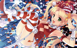 Rule 34 | 1girl, armlet, armpits, blazer, blonde hair, boots, breasts, cameltoe, circus, cleavage, cleavage cutout, clothing cutout, clown, confetti, copyright request, eiffel tower, flag, french flag, frills, green eyes, hair ornament, hairclip, hat, high heels, highres, jacket, legs, long hair, misaki kurehito, nail polish, open mouth, panties, pantyshot, pleated skirt, polka dot, red nails, shoes, skirt, small breasts, smile, solo, source request, spotlight, star (symbol), striped clothes, striped thighhighs, thighhighs, trapeze (object), twintails, underwear, upskirt, wallpaper