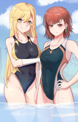 Rule 34 | 2girls, absurdres, arm under breasts, bare shoulders, blonde hair, blue sky, breasts, brown eyes, brown hair, closed mouth, cloud, collarbone, competition swimsuit, covered navel, dangle earrings, earrings, elbow gloves, female focus, gloves, hair between eyes, hand on own hip, highleg, highleg swimsuit, highres, jewelry, large breasts, lightning bolt earrings, lightning bolt symbol, long hair, looking at viewer, misaka mikoto, multiple girls, one-piece swimsuit, outdoors, shi huaan ling feeng, shokuhou misaki, short hair, single earring, sky, small breasts, smile, soaking feet, star-shaped pupils, star (symbol), swimsuit, symbol-shaped pupils, thighhighs, toaru kagaku no railgun, toaru majutsu no index, upper body, white background, white gloves, white thighhighs, yellow eyes