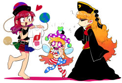 Rule 34 | + +, 3girls, ?, american flag dress, american flag legwear, bad id, bad pixiv id, barefoot, black shirt, blonde hair, blush, chain, chinese clothes, clothes writing, clownpiece, collar, collarbone, crescent, fairy, frilled collar, frilled shirt collar, frills, furukawa (yomawari), globe, hair between eyes, hat, heart, hecatia lapislazuli, jester cap, junko (touhou), long hair, long sleeves, midriff, multicolored clothes, multicolored skirt, multiple girls, navel, neck ruff, open mouth, own hands clasped, own hands together, pantyhose, pink eyes, polka dot, red eyes, red hair, shirt, short sleeves, simple background, skirt, sleeves past wrists, smile, star (symbol), striped, sweatdrop, tabard, teeth, touhou, very long hair, white background, white shirt, wide sleeves