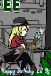 Rule 34 | 1girl, artist request, ashreix, ayase eli, black hat, blonde hair, blue eyes, blue pants, blush, boots, breasts, brown footwear, chair, cross-laced footwear, cup, elbow on table, elbow sleeves, female focus, hair between eyes, hair over shoulder, hat, highres, holding, long hair, looking at viewer, love live!, love live! school idol festival, love live! school idol project, medium breasts, on chair, pants, parted lips, ponytail, red shirt, shirt, sitting, smile, solo, yable