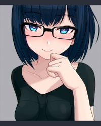 Rule 34 | 1girl, a-chan (hololive), bad id, bad nicoseiga id, blue eyes, blue hair, blush, breasts, closed mouth, collarbone, glasses, grey background, heart, heart-shaped pupils, hololive, iwahana, looking at viewer, medium breasts, short hair, smile, solo, symbol-shaped pupils, upper body, virtual youtuber