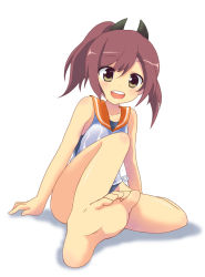 Rule 34 | 10s, 1girl, barefoot, blush, brown eyes, brown hair, feet, full body, i-401 (kancolle), kantai collection, looking at viewer, massala, one-piece swimsuit, open mouth, ponytail, sailor collar, school swimsuit, school uniform, short hair, short ponytail, simple background, smile, solo, swimsuit, white background