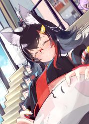 Rule 34 | 1girl, :d, ^ ^, absurdres, animal ear fluff, animal ears, bell, bespectacled, black hair, blush, breasts, closed eyes, commentary request, detached sleeves, fang, glasses, hair ornament, hairclip, highres, hololive, indoors, long hair, long sleeves, looking at viewer, midriff, misono denpachi, multicolored hair, navel, ookami mio, ookami mio (1st costume), open mouth, red hair, skin fang, sleeveless, smile, solo focus, streaked hair, sweat, upper body, virtual youtuber, wolf ears, yellow eyes