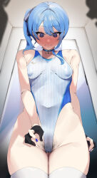 Rule 34 | 1girl, absurdres, bare shoulders, black gloves, blue eyes, blue hair, blue nails, blush, breasts, choker, covered erect nipples, covered navel, female pubic hair, gloves, highres, hololive, hoshimachi suisei, mismatched pubic hair, one-piece swimsuit, pubic hair, pubic hair peek, side ponytail, small breasts, so dasui1, solo, sweat, swimsuit, thighhighs, virtual youtuber, white thighhighs