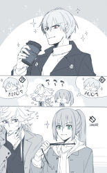 Rule 34 | 3boys, 88 (einnimnech), ?, ??, coffee cup, comic, cup, disposable cup, earrings, enkidu (fate), fate/grand order, fate (series), gilgamesh, gilgamesh (caster) (fate), gilgamesh (fate), green eyes, hand on own chin, highres, jacket, jewelry, male focus, merlin (fate/stay night), multiple boys, multiple persona, necklace, ponytail, purple eyes, red eyes, silent comic, sparkle, stroking own chin, sweater, thought bubble
