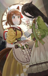 2girls absurdres ahoge alternate_hairstyle animal_ears black_hair blush breasts brown_hair commentary_request cup friedpikachu hair_between_eyes hair_ornament highres horse_ears horse_girl horse_tail long_hair maid maid_headdress manhattan_cafe_(umamusume) medium_breasts mug multiple_girls official_alternate_costume tail tray umamusume wa_maid window yukino_bijin_(umamusume)