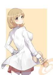 Rule 34 | 10s, 1girl, alternate breast size, breasts, brown eyes, brown hair, energy gun, gloves, hair ornament, hairclip, hand on own hip, highres, lab coat, large breasts, matching hair/eyes, medium breasts, narusawa ryouka, occultic;nine, ray gun, short hair, skirt, solo, thighhighs, weapon, white gloves, white thighhighs, wujia xiaozi