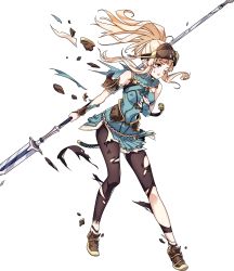 Rule 34 | 1girl, arm guards, armor, bare shoulders, blonde hair, bridal gauntlets, broken, broken armor, broken weapon, brown eyes, clair (fire emblem), dress, fire emblem, fire emblem echoes: shadows of valentia, fire emblem gaiden, fire emblem heroes, full body, hand on own chest, helmet, highres, holding, holding weapon, injury, leggings, long hair, nintendo, official art, one eye closed, pantyhose, polearm, ponytail, ryona, shoes, short dress, shoulder armor, smile, solo, spear, takagi masafumi, torn clothes, transparent background, weapon