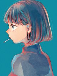 Rule 34 | 1girl, absurdres, aqua background, blue eyes, blunt bangs, bob cut, brown hair, cigarette, commentary, earrings, eyelashes, hair behind ear, highres, jewelry, looking away, mouth hold, original, portrait, profile, richard-kun, simple background, smoking, solo