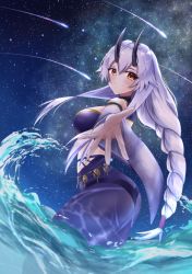 Rule 34 | 1girl, bikini, black horns, blush, braid, detached sleeves, fate/grand order, fate (series), horns, komugikokonko, long braid, long hair, looking at viewer, looking back, night, ocean, oni horns, outstretched hand, partially submerged, purple bikini, purple sarong, red eyes, sarong, shooting star, silver hair, single braid, sky, smile, solo, standing, star (sky), starry sky, swimsuit, tomoe gozen (fate), tomoe gozen (swimsuit saber) (fate), tomoe gozen (swimsuit saber) (second ascension) (fate), very long hair, waves, wide sleeves