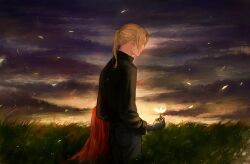 Rule 34 | 1boy, automail, black shirt, blonde hair, collared shirt, cowboy shot, edward elric, flower, from behind, fullmetal alchemist, glowing flower, grass, highres, holding, holding flower, jacket, unworn jacket, long hair, long sleeves, looking down, losemyheartflowrs, male focus, meadow, mechanical arms, nature, parted bangs, petals, ponytail, profile, red jacket, shirt, single mechanical arm, sky, solo, twilight, wind