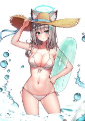 Rule 34 | 1girl, absurdres, animal ear fluff, animal ears, arm up, armpits, bare arms, bare shoulders, bikini, blue archive, blue eyes, breasts, brown hat, cleavage, closed mouth, collarbone, contrapposto, ears through headwear, front-tie bikini top, front-tie top, gluteal fold, grey hair, groin, halo, halterneck, hand on own hip, hat, highres, innertube, large breasts, lilac (k32420276), long hair, looking at viewer, navel, ocean, shiroko (blue archive), side-tie bikini bottom, simple background, skindentation, solo, standing, stomach, strap gap, straw hat, string bikini, swim ring, swimsuit, thighs, wading, water, wet, white background, white bikini
