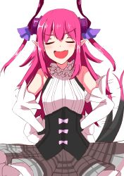 Rule 34 | 10s, 1girl, absurdres, bad id, bad pixiv id, bare shoulders, blush, bow, closed eyes, corset, curled horns, dragon horns, dragon tail, elbow gloves, elizabeth bathory (fate), elizabeth bathory (fate/extra ccc), elizabeth bathory (second ascension) (fate), fang, fate/extra, fate/extra ccc, fate/grand order, fate (series), gloves, guritto, hands on own hips, highres, horns, long hair, open mouth, pink hair, plaid, plaid skirt, pointy ears, simple background, sketch, skirt, smile, solo, tail, tail wagging, white background