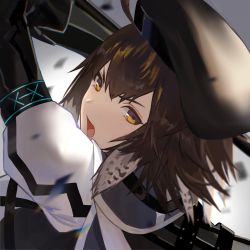 Rule 34 | 1girl, arknights, arm up, armlet, black gloves, black headwear, brown hair, elbow gloves, feather hair, gloves, gradient background, grey background, hasegawamorito, highres, infection monitor (arknights), open mouth, plume (arknights), puffy short sleeves, puffy sleeves, short hair, short sleeves, solo, upper body, v-shaped eyebrows, yellow eyes