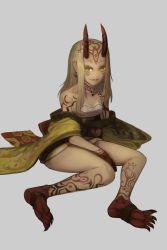 Rule 34 | 1girl, absurdres, bare shoulders, blonde hair, claws, earrings, fang, fate/grand order, fate (series), feet, female focus, floral print, full body, highres, horns, ibaraki douji (fate), japanese clothes, jewelry, kimono, long hair, looking at viewer, off shoulder, okitsune, oni, oni horns, pointy ears, short kimono, simple background, sitting, solo, toenails, toes, yellow eyes, yellow kimono