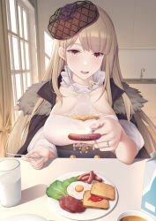 Rule 34 | 1girl, bad id, bad pixiv id, blonde hair, bread slice, breasts, cartonbox (zhixiang zhi), cup, drinking glass, egg (food), food, fork, fried egg, highres, holding, holding fork, holding knife, incoming food, indoors, iowa (warship girls r), jewelry, knife, large breasts, long hair, plate, red eyes, ring, sausage, sidelocks, solo, toast, upper body, warship girls r, wedding band