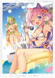 Rule 34 | 2girls, :d, ;d, armpits, bare shoulders, bikini, breasts, cleavage, collarbone, front-tie bikini top, front-tie top, green hair, halterneck, hand up, highres, holding, innertube, japanese clothes, kimono, large breasts, long hair, looking at viewer, microphone, mori airi, multiple girls, off shoulder, one eye closed, open clothes, open mouth, original, pink hair, purple eyes, red eyes, smile, stage lights, standing, swim ring, swimsuit, thighs, twintails, w, water, white bikini, yukata