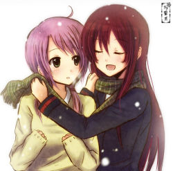 Rule 34 | 2girls, bad id, bad pixiv id, blush, cold, closed eyes, green eyes, long hair, multiple girls, pink hair, red hair, sakuya so, scarf, shared clothes, shared scarf, smile, snow, sweater, winter, yuri
