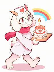Rule 34 | 1boy, alternate costume, animal ears, barefoot, blush stickers, body fur, cake, candle, closed mouth, deltarune, dungeon toaster, fangs, feet, fire, fire, food, full body, furry, furry male, glasses, goat ears, goat horns, goat tail, green-framed eyewear, hat, heart, heart print, highres, holding, holding cake, holding food, horns, long sleeves, male focus, monster boy, nurse, nurse cap, pink eyes, pink scarf, rainbow, ralsei, round eyewear, scarf, simple background, smile, solo, sprinkles, tail, walking, white background, white fur