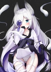 Rule 34 | 1girl, animal ear fluff, animal ears, azur lane, bandaged leg, bandages, black gloves, blue eyes, blush, clothes lift, collarbone, commentary request, covered mouth, gloves, gluteal fold, hair over one eye, highres, hitodama, japanese clothes, kasumi (azur lane), kimono, kimono lift, lifted by self, long hair, long sleeves, looking at viewer, mochiyuki, panties, print panties, ribbon-trimmed sleeves, ribbon trim, sleeves past wrists, solo, thighhighs, underwear, very long hair, white hair, white kimono, white panties, white thighhighs, wide sleeves