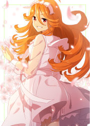 Rule 34 | 1girl, :d, ahoge, bow, cowboy shot, dress, floral background, flower, from behind, grin, hair between eyes, hair bow, hand up, highres, long hair, long sleeves, looking back, open mouth, orange hair, petals, pink dress, pink flower, puffy long sleeves, puffy sleeves, red eyes, see-through, shiime, smile, solo, standing, teeth, tokyo 7th sisters, usuta sumire, very long hair, white bow