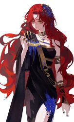 Rule 34 | 1girl, absurdres, armlet, black dress, black nails, blue gemstone, breasts, cleavage, closed mouth, cowboy shot, dress, gem, gold choker, green eyes, hair ornament, hand up, highres, holding, long dress, long hair, looking to the side, mudeng, red hair, reverse:1999, side slit, single bare shoulder, single sleeve, solo, sophia (reverse:1999), spoilers, very long hair, white background