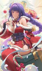 Rule 34 | 1girl, absurdres, bare shoulders, between breasts, blunt bangs, box, braid, breasts, bridal gauntlets, christmas, cleavage, closed mouth, commentary, english commentary, free style (yohan1754), genshin impact, gift, gift box, hair ornament, highres, long hair, looking at viewer, low-braided long hair, low-tied long hair, medium breasts, mole, mole under eye, obi, purple eyes, purple hair, raiden shogun, red thighhighs, sash, sitting, smile, solo, thighhighs, thighs