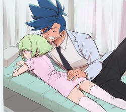 Rule 34 | 2boys, alternate costume, ass, asymmetrical hair, aus vaka, bed, black necktie, blue hair, bulge, closed eyes, closed mouth, collared shirt, crossdressing, curtains, dress, earrings, galo thymos, green hair, grin, hand on another&#039;s ass, highres, hospital bed, jacket, jewelry, lio fotia, lying, male focus, mohawk, multiple boys, necktie, nurse, on bed, on side, on stomach, panties, pillow, pink dress, promare, purple eyes, shirt, short hair, sidecut, sidelocks, smile, thighhighs, trap, triangle earrings, undercut, underwear, white jacket, white panties, white shirt, white thighhighs, yaoi