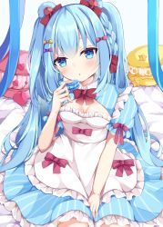 Rule 34 | 1girl, :o, animal ears, apron, bear ears, between legs, blue dress, blue hair, blue ribbon, blush, bow, braid, breasts, cleavage cutout, clothing cutout, collared dress, commentary request, dress, ear bow, food, frilled apron, frilled dress, frills, grey background, hair bow, hand between legs, holding, holding food, long hair, looking at viewer, macaron, maki soutoki, original, parted lips, puffy short sleeves, puffy sleeves, red bow, ribbon, short sleeves, simple background, small breasts, solo, star (symbol), striped clothes, striped dress, two side up, vertical-striped clothes, vertical-striped dress, very long hair, white apron