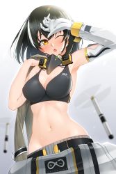 Rule 34 | 1girl, ;o, absurdres, arknights, arm up, armpits, belt, black hair, blush, breasts, cleavage, commentary, cowboy shot, elbow gloves, gloves, gradient background, grey background, highres, holding, looking at viewer, magallan (arknights), mask, mask around neck, medium breasts, multicolored hair, navel, one eye closed, open mouth, orange eyes, single glove, solo, sports bra, stomach, streaked hair, sweat, white gloves, white hair, z.taiga