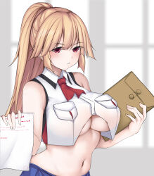 Rule 34 | 1girl, absurdres, alternate hairstyle, blonde hair, breast pocket, breasts, brooklyn (kancolle), cropped jacket, folder, highres, holding, holding folder, holding paper, jacket, jiangyou dang, kantai collection, large breasts, long hair, navel, paper, pocket, ponytail, red eyes, sleeveless, sleeveless jacket, solo, upper body, white jacket