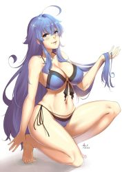 Rule 34 | ahoge, barefoot, bikini, blue bikini, blue eyes, blue hair, breasts, character request, dated, fate/grand order, fate (series), front-tie top, full body, large breasts, lips, long hair, looking at viewer, lulu-chan92, signature, simple background, smile, solo, squatting, swimsuit, white background