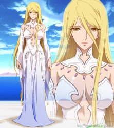 Rule 34 | 10s, 1girl, bare shoulders, blonde hair, blue sky, brown eyes, center opening, closed mouth, cloud, collar, day, detached collar, detached sleeves, dress, full body, gloves, lips, long dress, long hair, looking at viewer, mountain, nolia, ocean, shiny skin, sky, smile, solo, standing, starsha, strapless, strapless dress, uchuu senkan yamato, uchuu senkan yamato 2199, very long hair, water, watermark, web address, white collar, white dress, white gloves, yellow eyes, zoom layer