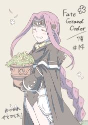 Rule 34 | 1girl, armor, braid, cloak, copyright name, fate/grand order, fate (series), flower, flower pot, gauntlets, headband, highres, long hair, medusa (fate), medusa (lancer) (fate), medusa (rider) (fate), pink hair, rider, sasisusesousu11, simple background, single braid, smile, solo, very long hair, yellow background
