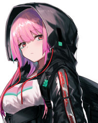 Rule 34 | 1girl, backpack, bag, black jacket, breasts, closed mouth, commentary request, drawstring, hair between eyes, hayama eishi, hood, hood up, hooded jacket, jacket, long hair, looking at viewer, medium breasts, original, pink hair, red eyes, simple background, solo, upper body, white background