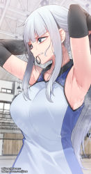 Rule 34 | 1girl, adjusting hair, armpits, arms behind head, arms up, blue eyes, blunt bangs, breasts, collarbone, commentary, detached sleeves, gym uniform, hair tie in mouth, highres, hime cut, jjune, large breasts, long bangs, long hair, long sleeves, looking away, mouth hold, original, shirt, sidelocks, silver hair, sleeveless, sleeveless shirt, solo, sportswear, steaming body, sweat, symbol-only commentary, tying hair, upper body, v-shaped eyebrows, vambraces, volleyball net, volleyball uniform, white shirt