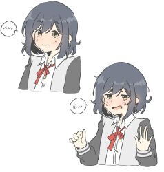 Rule 34 | 1girl, 2koma, clenched hand, closed mouth, comic, grey jacket, hair down, highres, jacket, light blush, long sleeves, meyshi, neck ribbon, open clothes, open jacket, open mouth, original, red ribbon, ribbon, shirt, short hair, speech bubble, upper body, white background, white shirt, yellow eyes