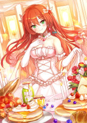 Rule 34 | 1girl, absurdres, apple, bare shoulders, blueberry, blush, breasts, brown hair, candle, cleavage, closed mouth, commentary request, copyright request, dress, earrings, elbow gloves, fire, flower, food, fruit, gloves, green eyes, hair between eyes, highres, jam, jewelry, kyjsogom, long hair, medium breasts, pancake, red apple, red flower, red rose, rose, skirt hold, smile, solo, strapless, strapless dress, strawberry, two side up, very long hair, white dress, white flower, white gloves, white rose