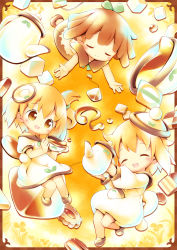 Rule 34 | 3girls, :d, ^ ^, aikei ake, blonde hair, blush, brown dress, brown eyes, brown footwear, brown hair, closed eyes, commentary request, cup, dress, hair between eyes, highres, holding, holding cup, holding teapot, multiple girls, open mouth, original, personification, puffy short sleeves, puffy sleeves, shoes, short sleeves, smile, sugar cube, tea, tea party, teabag, teacup, teapot, white dress