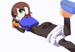 1girl aile_(mega_man_zx) ass black_bodysuit blue_jacket bodysuit bodysuit_under_clothes brown_hair cropped_jacket green_eyes jacket kaidou_zx looking_at_viewer lying mega_man_(series) mega_man_zx on_stomach robot_ears short_hair simple_background solo white_background