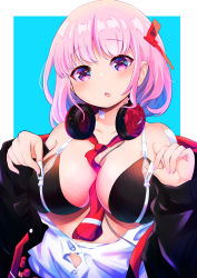 Rule 34 | 1girl, :o, bare shoulders, between breasts, black bra, black jacket, blue archive, blush, bra, breasts, commentary, eimi (blue archive), fingernails, hair ornament, headphones, headphones around neck, highres, jacket, kbisuco, large breasts, long sleeves, looking at viewer, medium hair, nail polish, necktie, necktie between breasts, off shoulder, open clothes, open jacket, open shirt, pink eyes, pink hair, pink nails, red necktie, shirt, sidelocks, solo, underwear, unzipping, white shirt, zipper