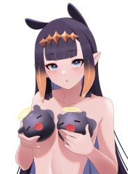 Rule 34 | 1girl, bare shoulders, blue eyes, blunt bangs, collarbone, covering privates, covering breasts, flat chest, highres, hololive, hololive english, long hair, looking at viewer, mole, mole under eye, ninomae ina&#039;nis, nude, pointy ears, takodachi (ninomae ina&#039;nis), virtual youtuber, white background, yuyu5x